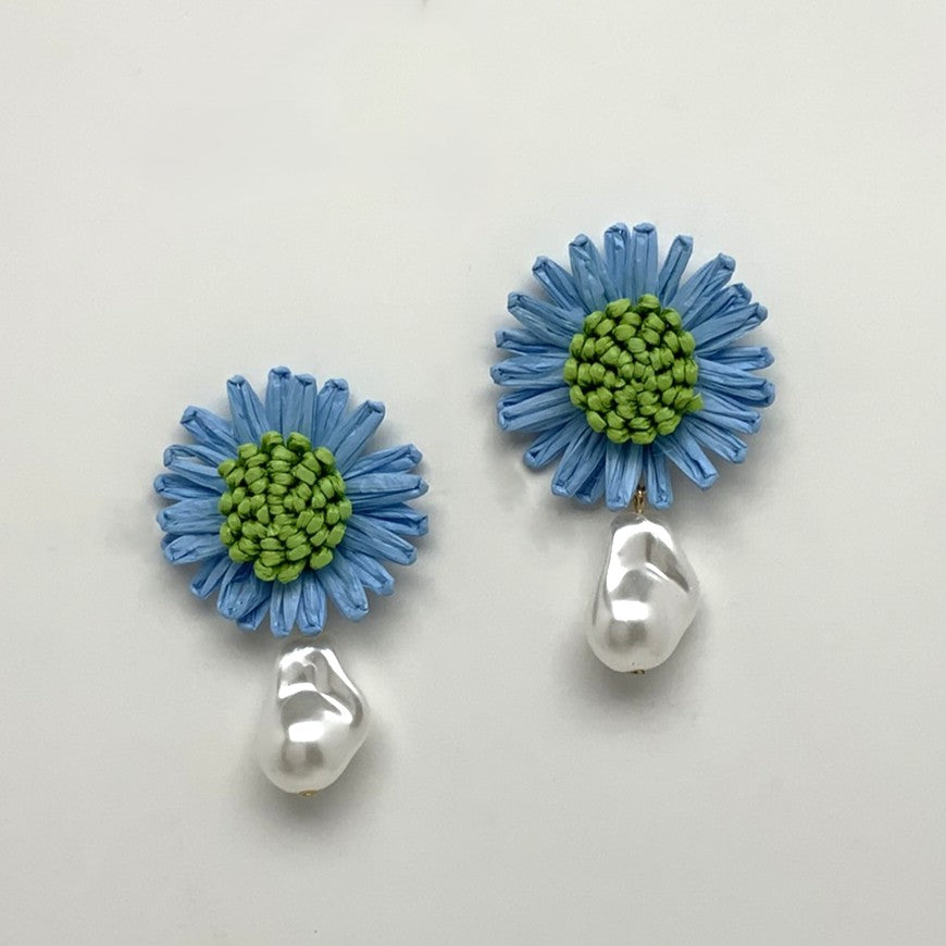 Paper Twine Flower Pearl Drop Earrings