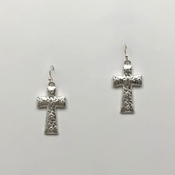 Textured Metal Crystal Cross Earrings