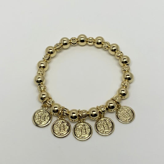 Metallic Beaded Coin Charm Stretch Bracelet