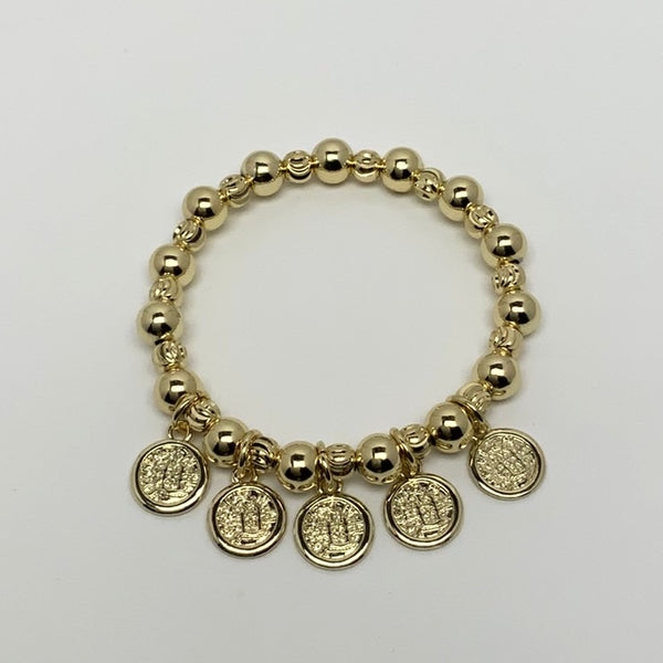 Metallic Beaded Coin Charm Stretch Bracelet