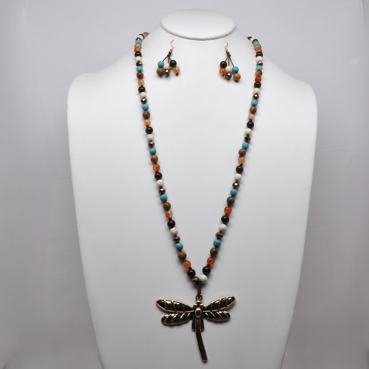 Long Beaded Dragonfly Pendant Necklace