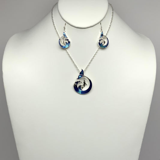 Short Enamel Wave with Dolphin/Mermaid Tail Necklace Set