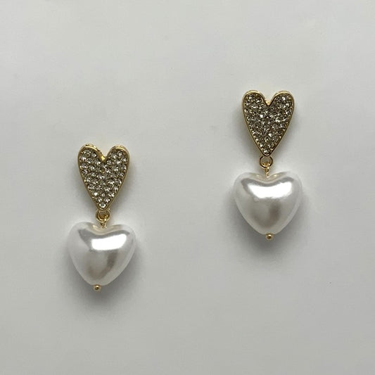 Crystal Heart Stud Pearl Drop Earrings