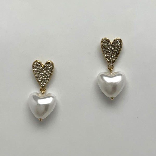 Crystal Heart Stud Pearl Drop Earrings