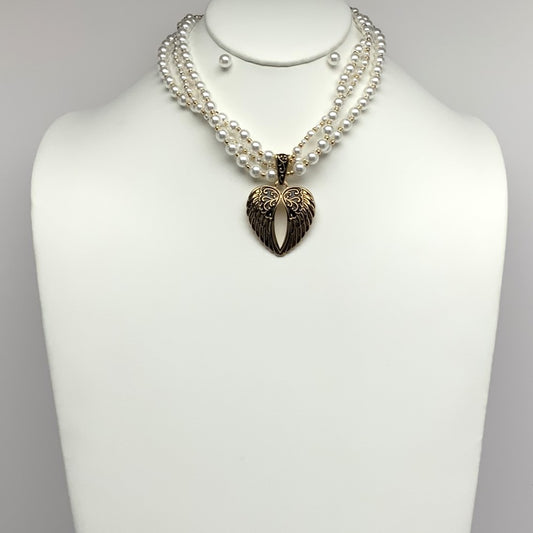 Short Three Strand Pearl Necklace with Angel Wing Pendant