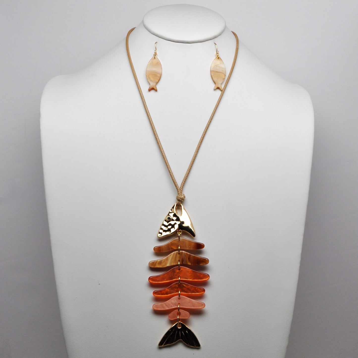 Long Cord Skeleton Fish Lucite Metal Necklace Set