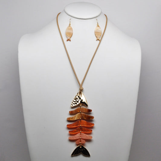 Long Cord Skeleton Fish Lucite Metal Necklace Set