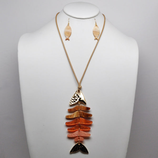 Long Cord Skeleton Fish Lucite Metal Necklace Set