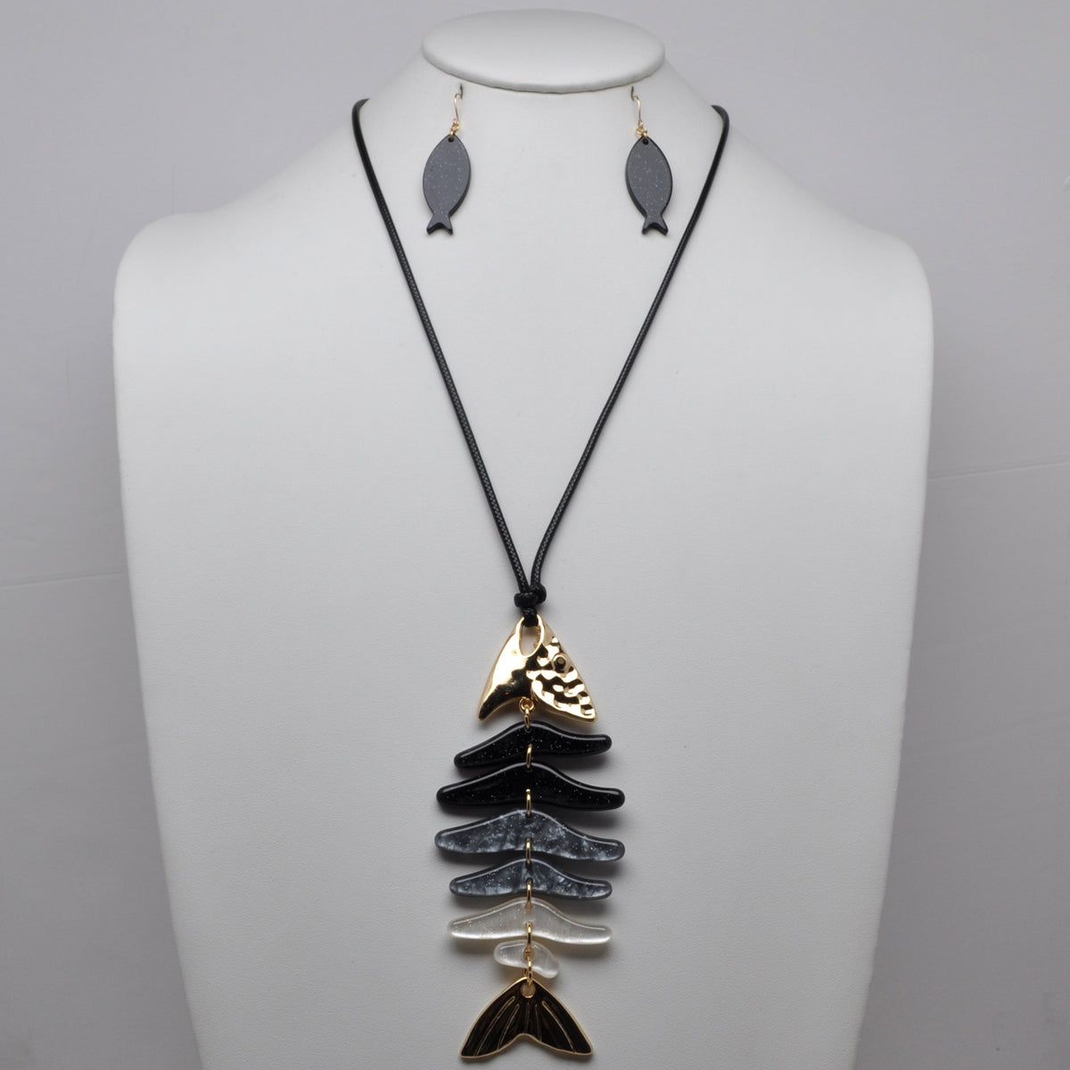 Long Cord Skeleton Fish Lucite Metal Necklace Set
