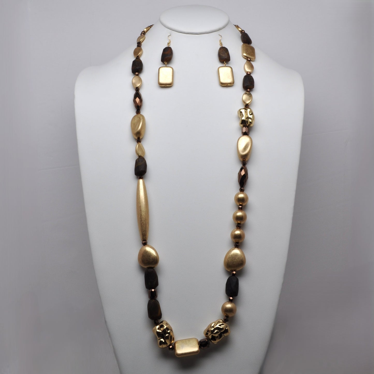 Mixed Organic Nugget Long Station Necklace and Earring Set