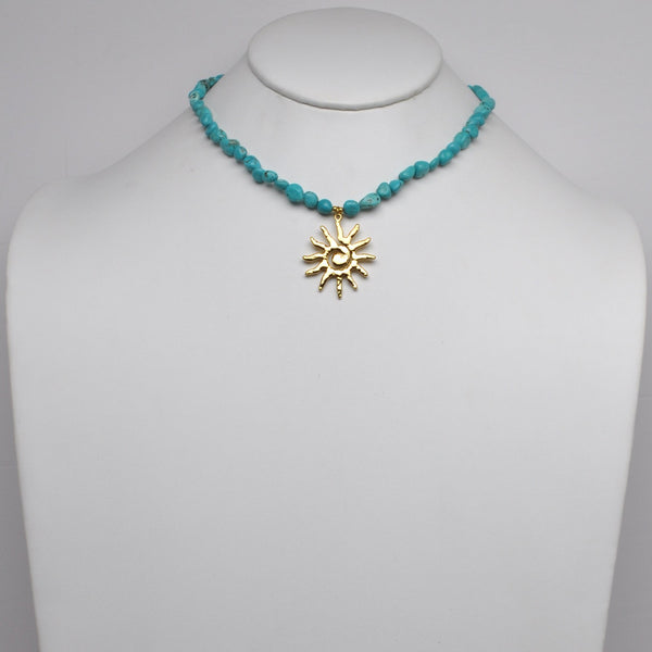 Stainless Steel Turquoise Nugget Bead Sunburst Pendant Choker
