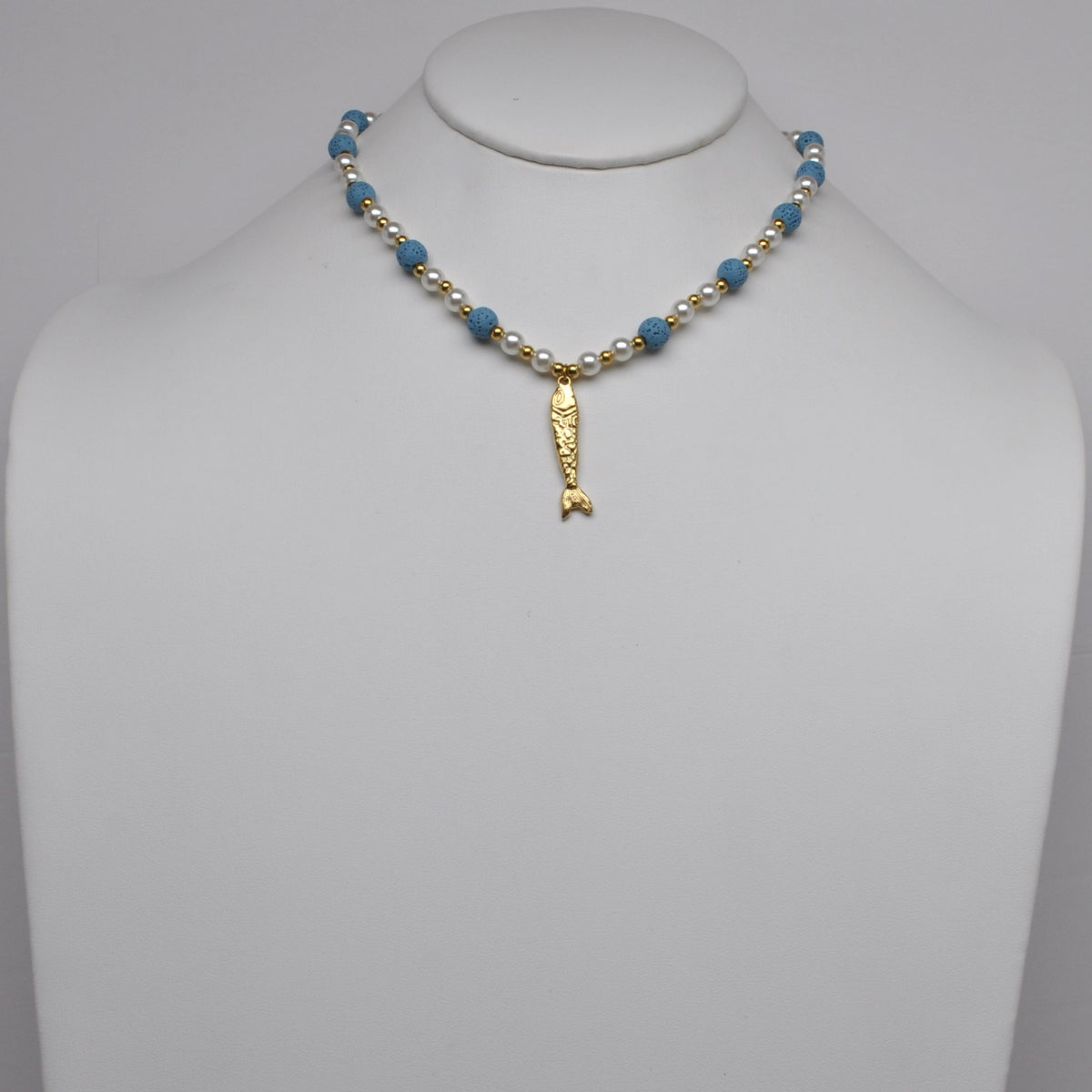 Stainless Steel Fish Pendant Alternating Pearl Bead Choker