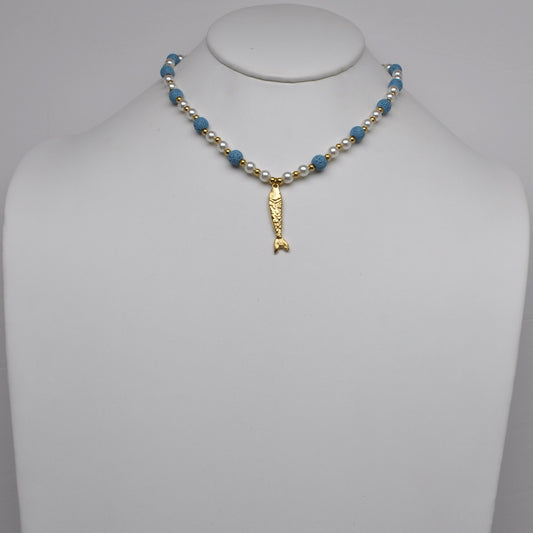 Stainless Steel Fish Pendant Alternating Pearl Bead Choker