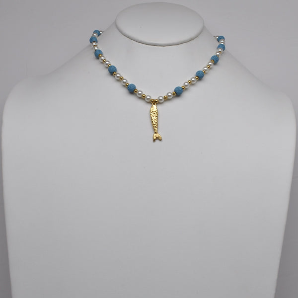 Stainless Steel Fish Pendant Alternating Pearl Bead Choker