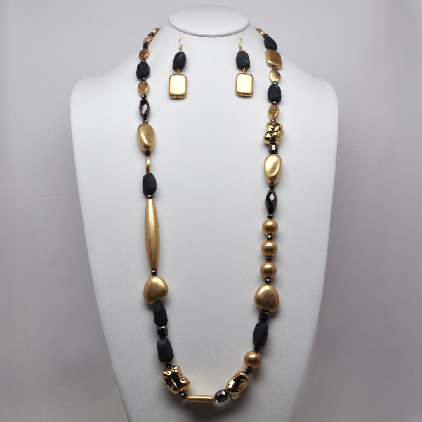 Mixed Organic Nugget Long Station Necklace and Earring Set