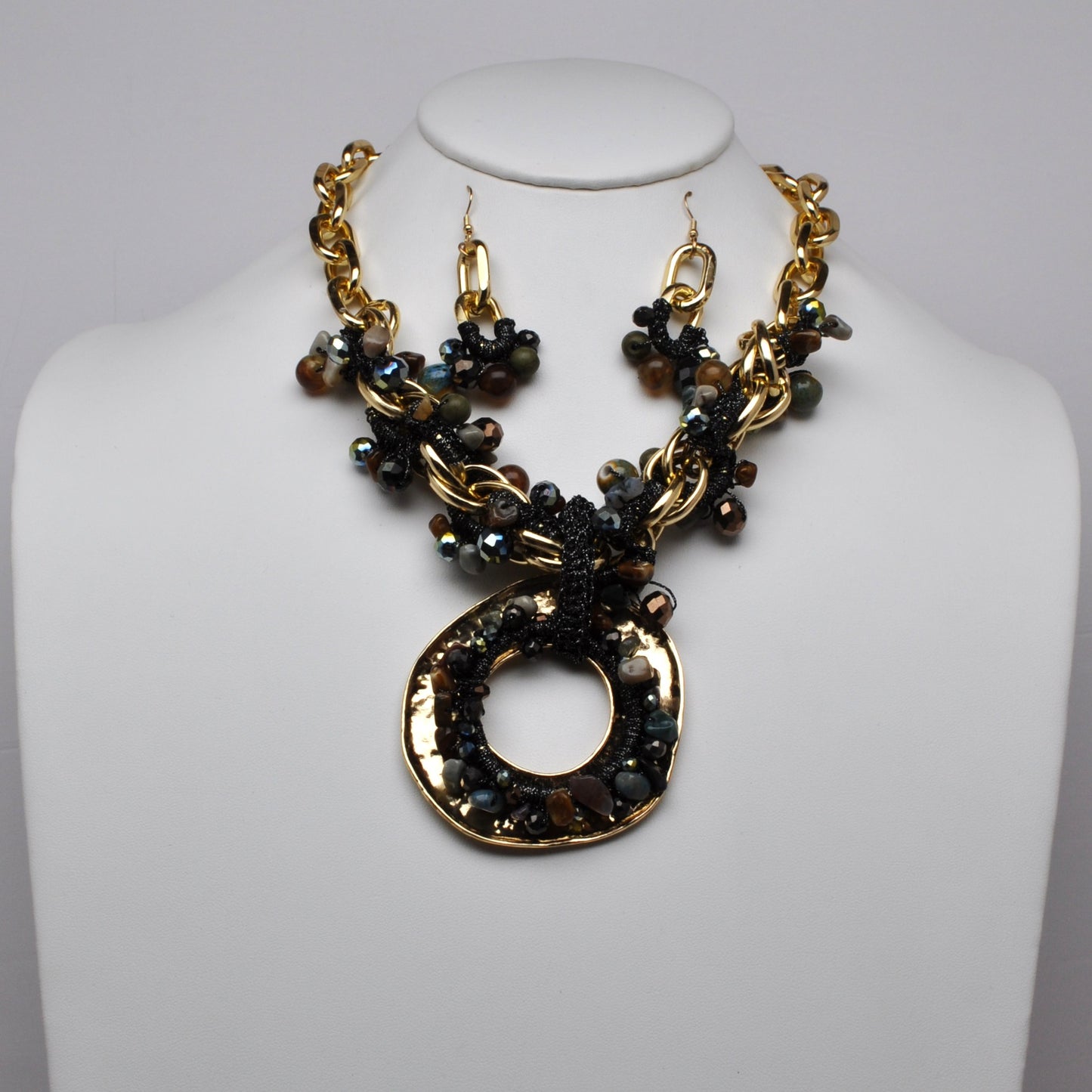 Hammered Disc Beaded Link Necklace Set