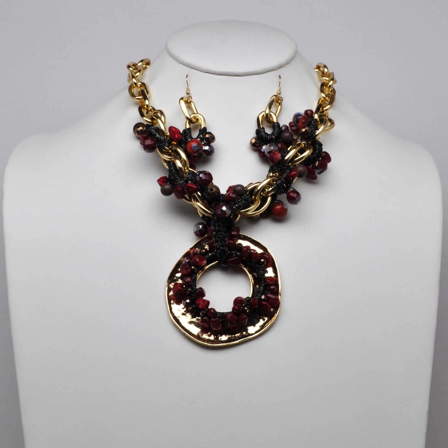 Hammered Disc Beaded Link Necklace Set