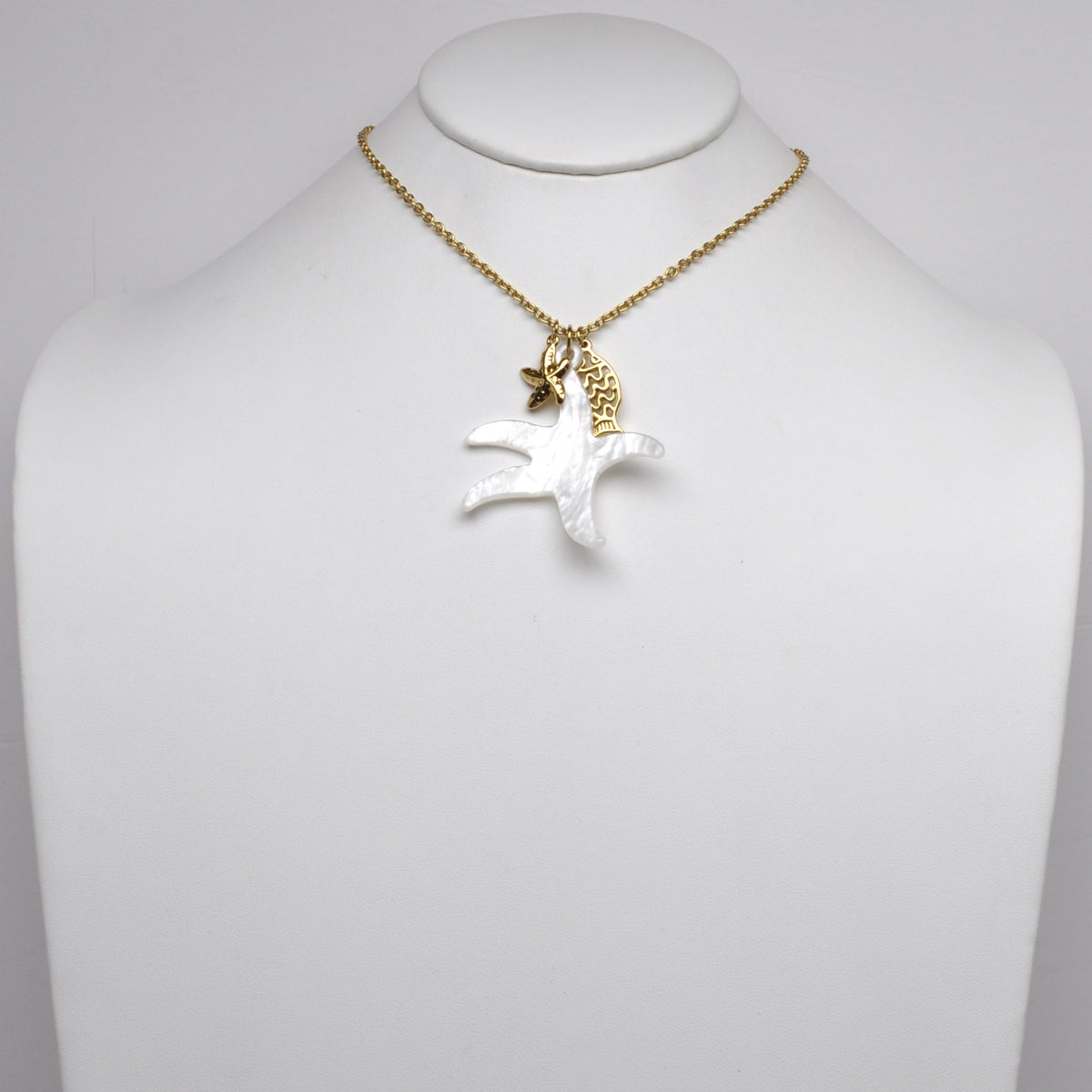 Stainless Steel Mother-of-Pearl Starfish Fish Cluster Charm Necklace