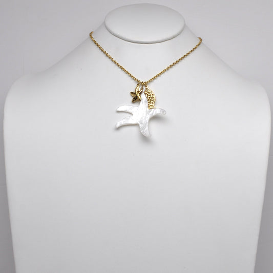 Stainless Steel Mother-of-Pearl Starfish Fish Cluster Charm Necklace