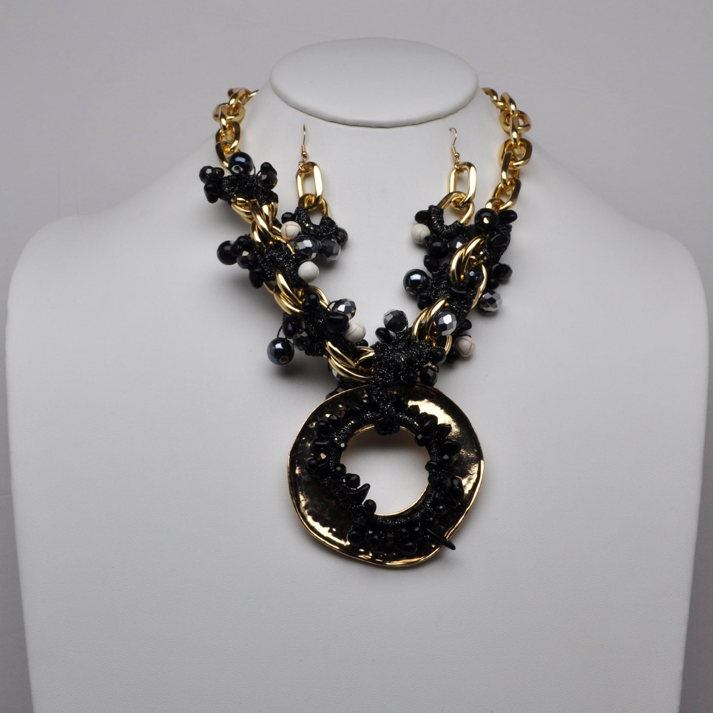 Hammered Disc Beaded Link Necklace Set
