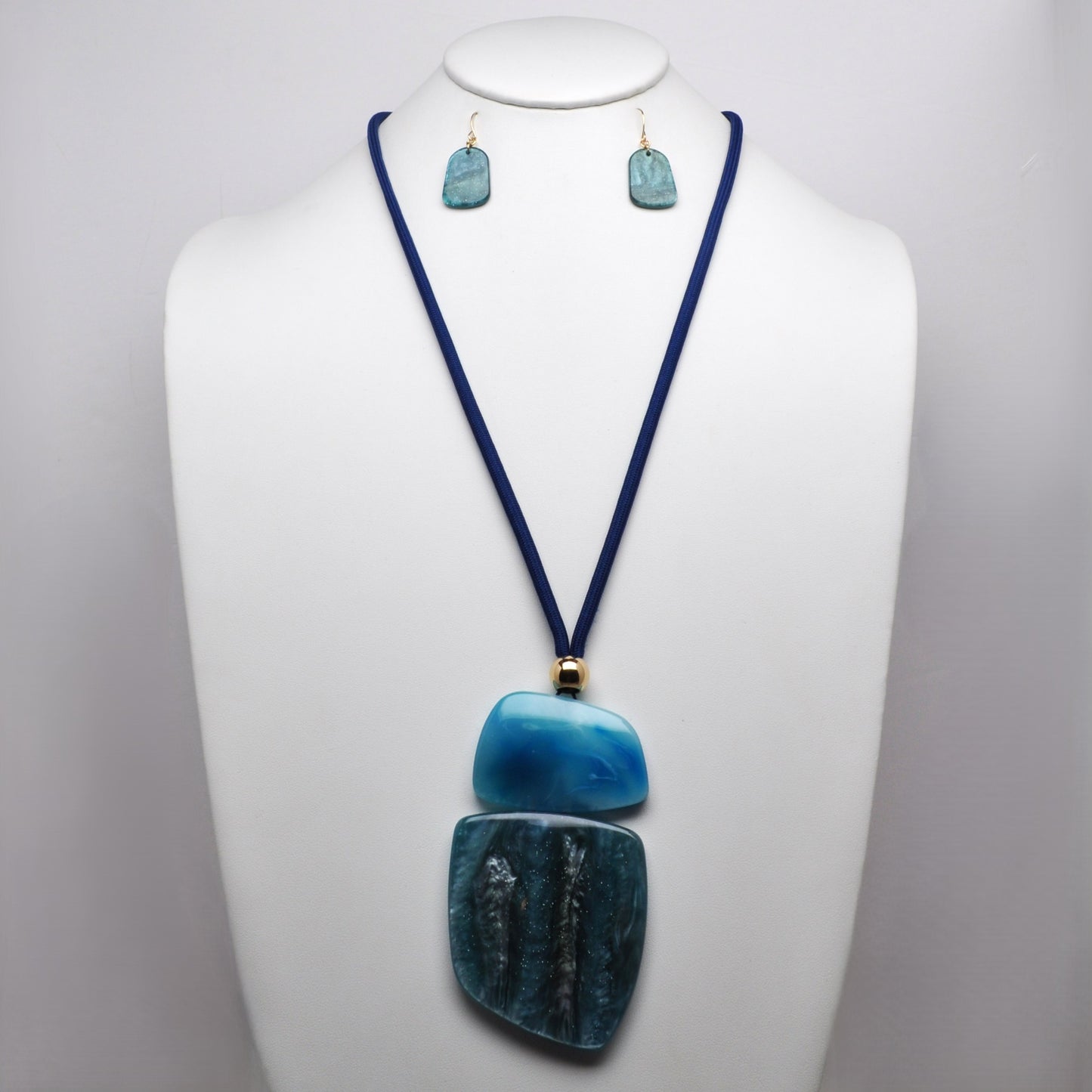 Layered Stone Lucite Pendant Cord Necklace Set