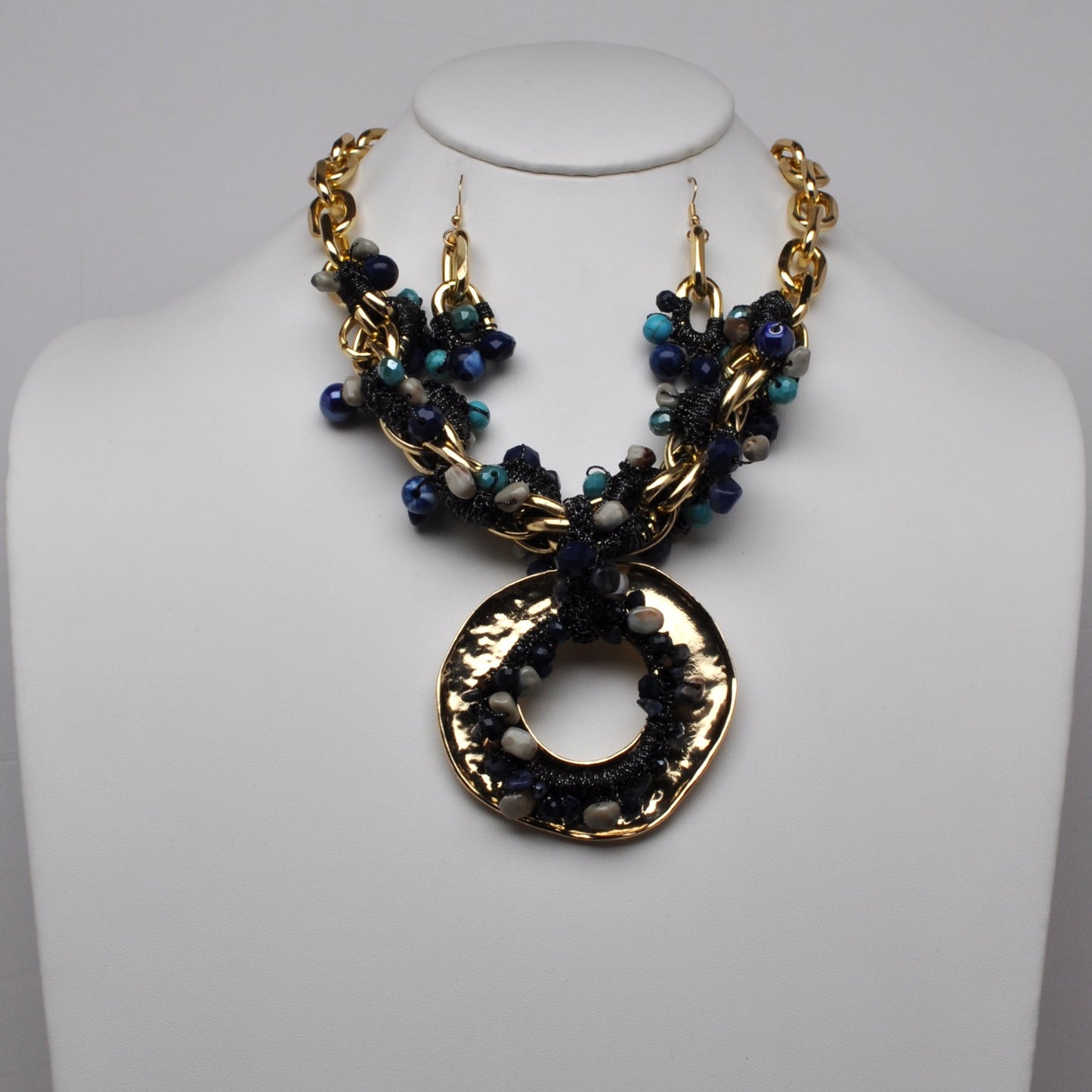 Hammered Disc Beaded Link Necklace Set