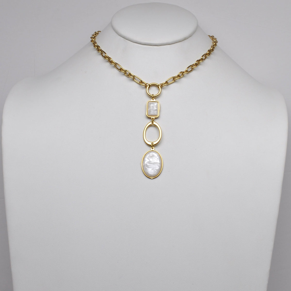 Stainless Steel Mother-of-Pearl Geometric Drop Lariat Necklace