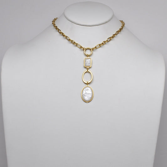 Stainless Steel Mother-of-Pearl Geometric Drop Lariat Necklace
