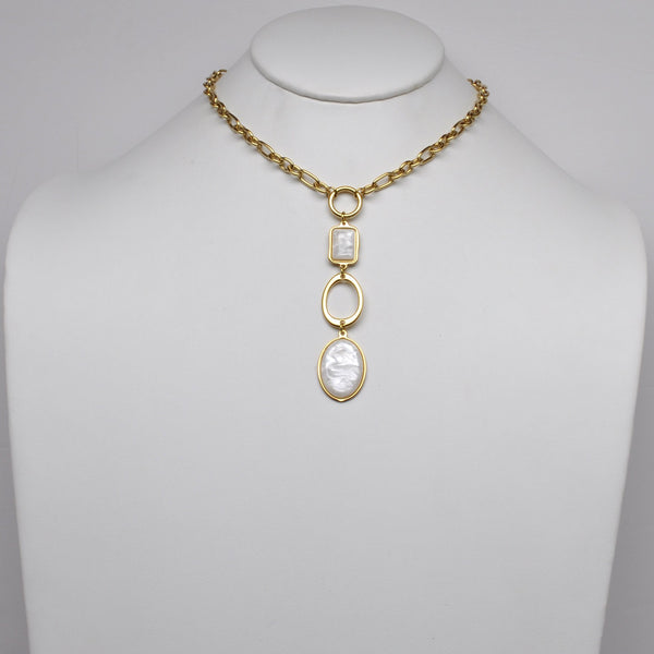 Stainless Steel Mother-of-Pearl Geometric Drop Lariat Necklace