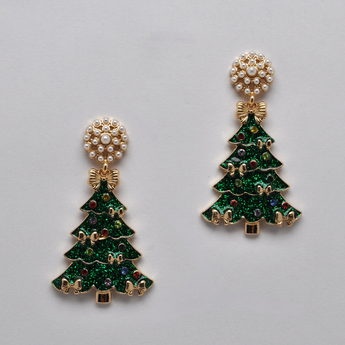 Pearl Cluster Glitter Holiday Tree Earrings