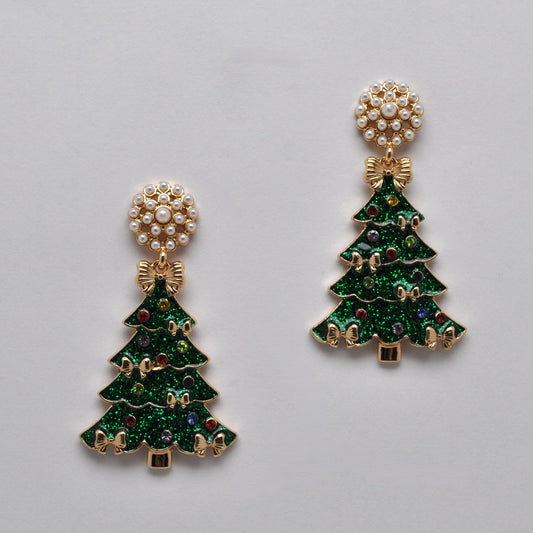 Pearl Cluster Glitter Holiday Tree Earrings