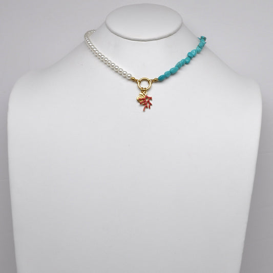 Stainless Steel  Asymmetrical Pearl Turquoise Nugget Marine Charm Choker