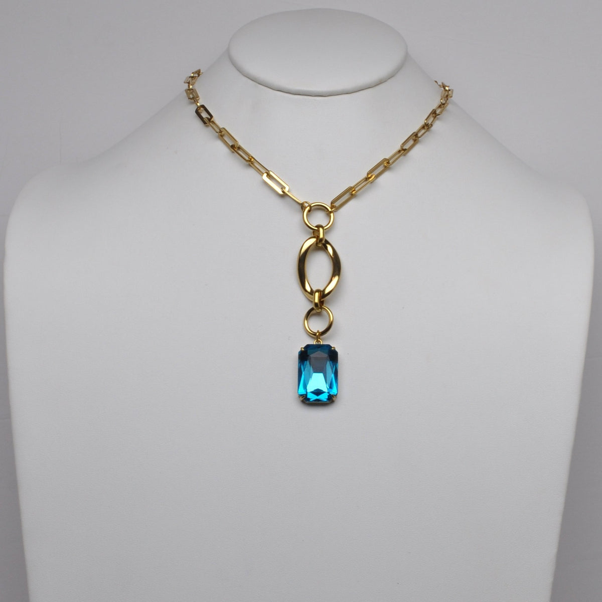 Stainless Steel Emerald-Cut Gemstone Paperclip Lariat Necklace