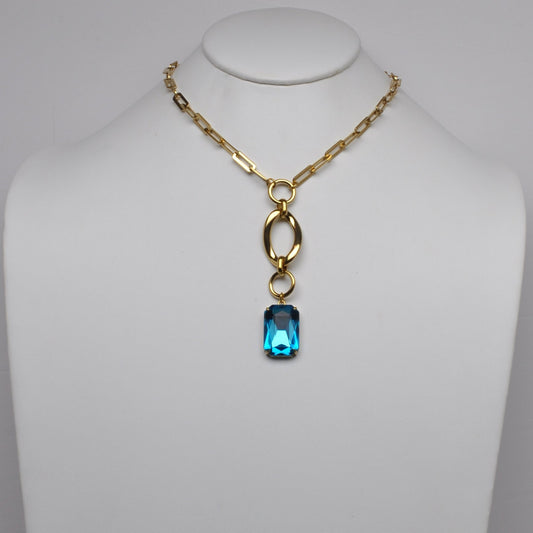 Stainless Steel Emerald-Cut Gemstone Paperclip Lariat Necklace