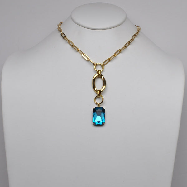 Stainless Steel Emerald-Cut Gemstone Paperclip Lariat Necklace