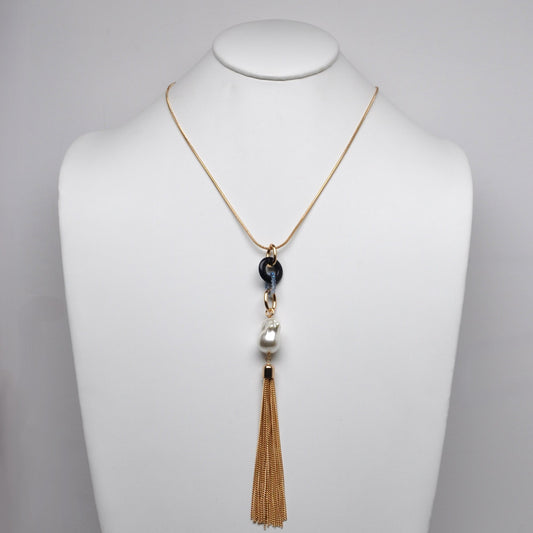Lucite Ring Pearl Drop Tassel Long Necklace