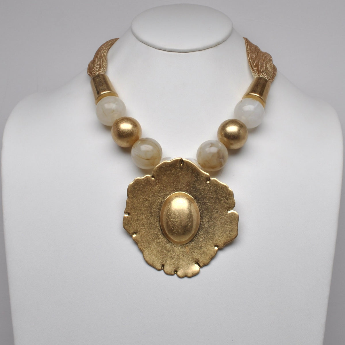 Hammered Medallion Bead Mesh Necklace