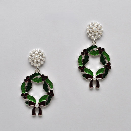 Holiday Holly Bow Vintage Beaded Earrings