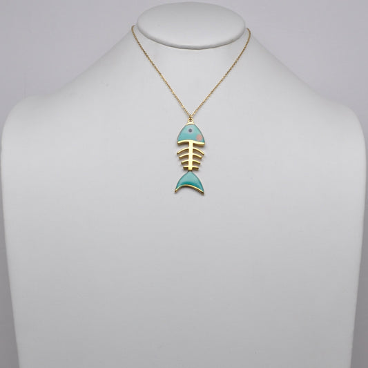Enamel Fish Skeleton Pendant Necklace