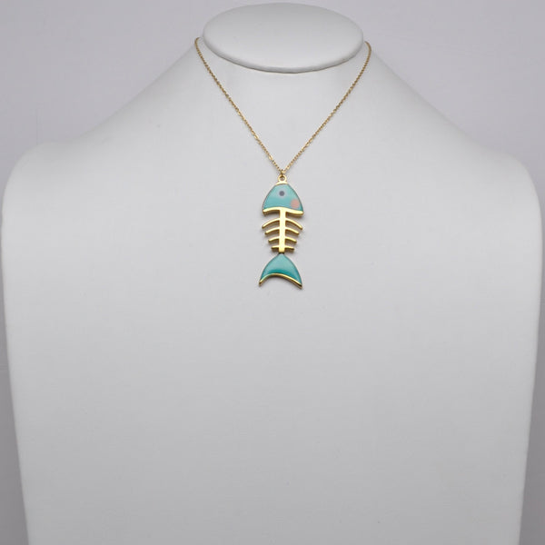 Enamel Fish Skeleton Pendant Necklace
