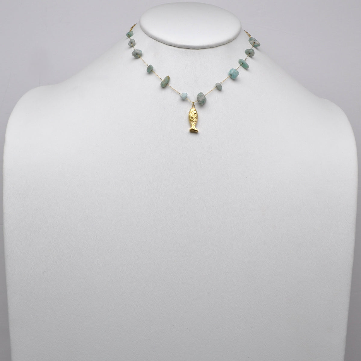 Stainless Steel Beaded Stone Chain Fish Pendant Necklace