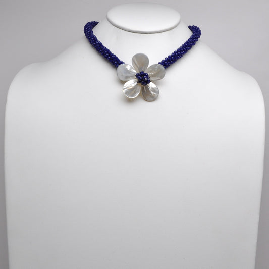 Mother-of-Pearl Flower Lapis Seed Bead Choker Necklace