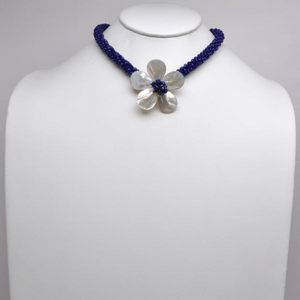Mother-of-Pearl Flower Lapis Seed Bead Choker Necklace