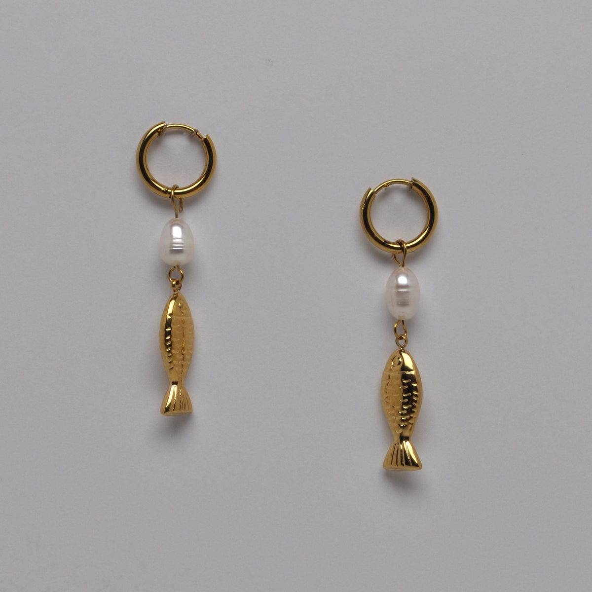 Pearl and Fish Huggie Hoop Earrings