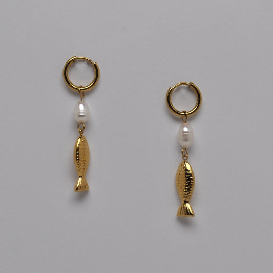 Pearl and Fish Huggie Hoop Earrings