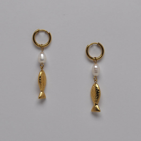 Pearl and Fish Huggie Hoop Earrings