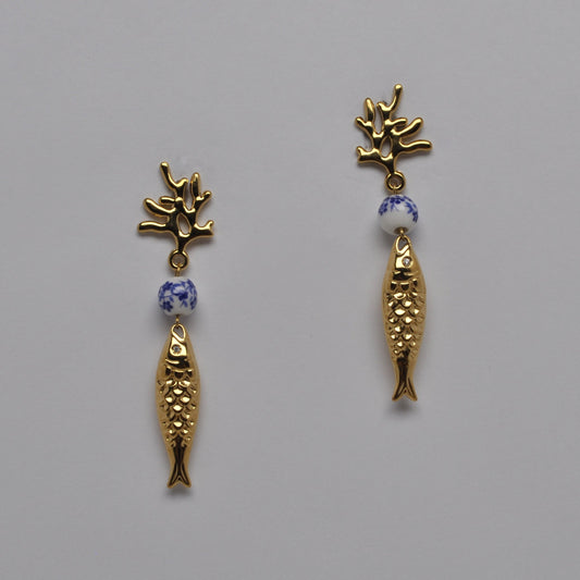 Coral and Fish Drop Earrings