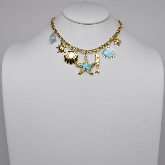 Stainless Steel Ocean Multi-Charm Link Chain Statement Necklace