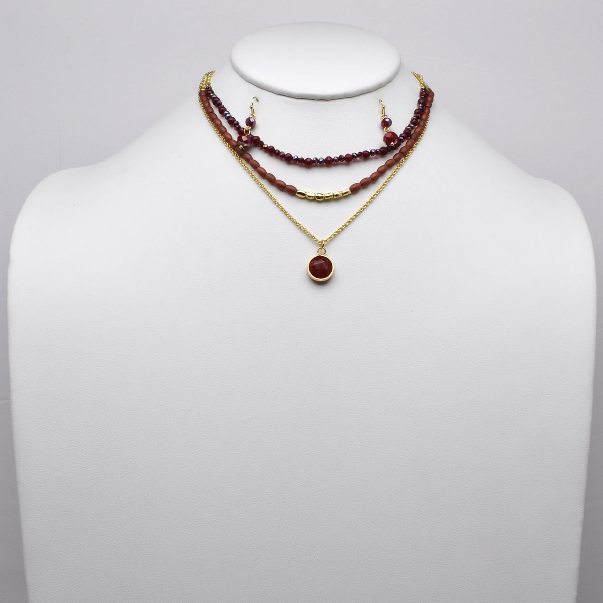 Layered Beaded Gemstone Pendant Necklace Set