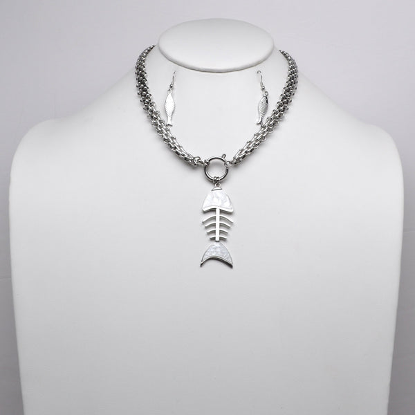 Mother of Pearl Fish Skeleton Multi-Strand Chain Necklace Set